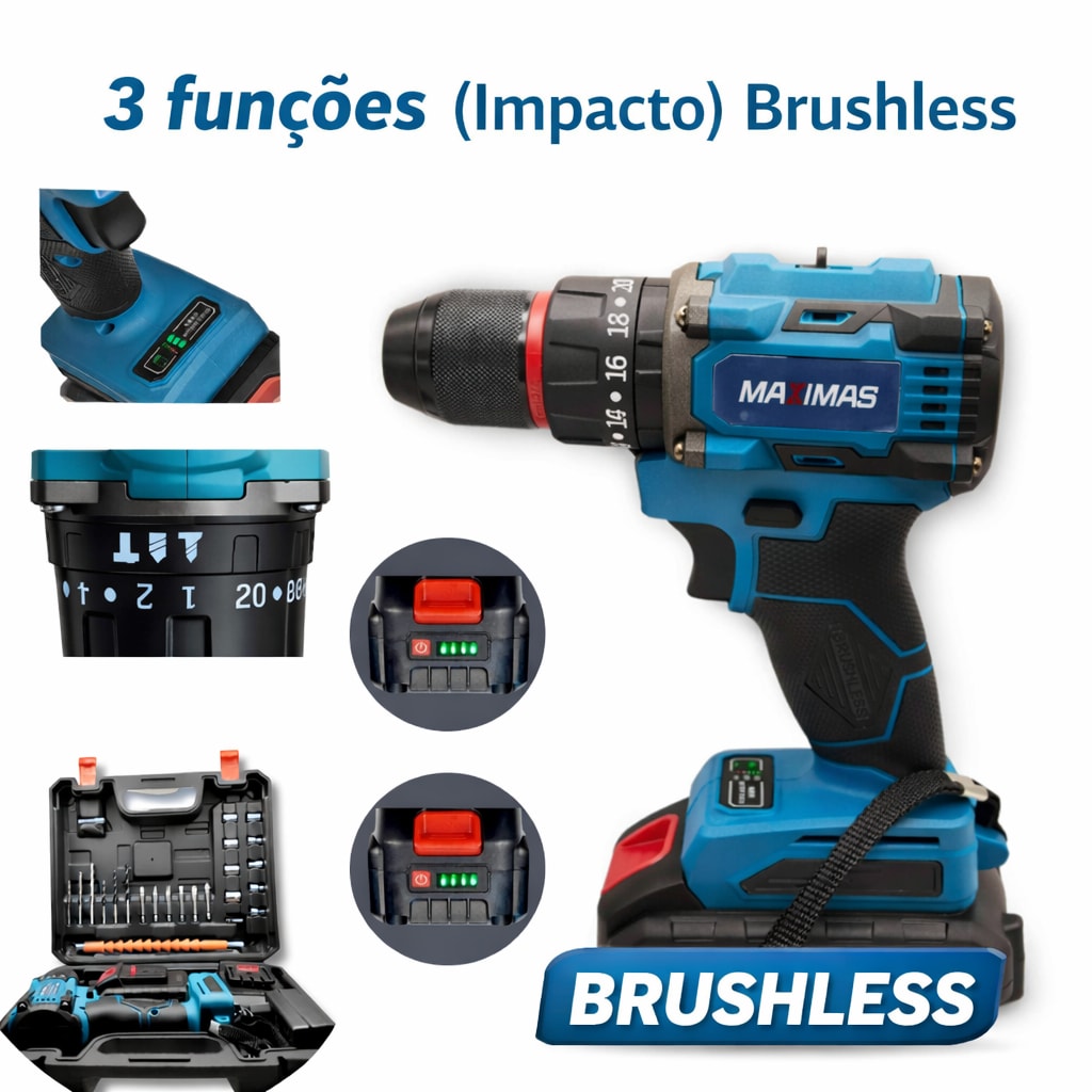 Imagem do Parafusadeira Furadeira De Impacto Brushless 21v 3 Funcoes 2 Baterias Com Display Luz Led E Maleta