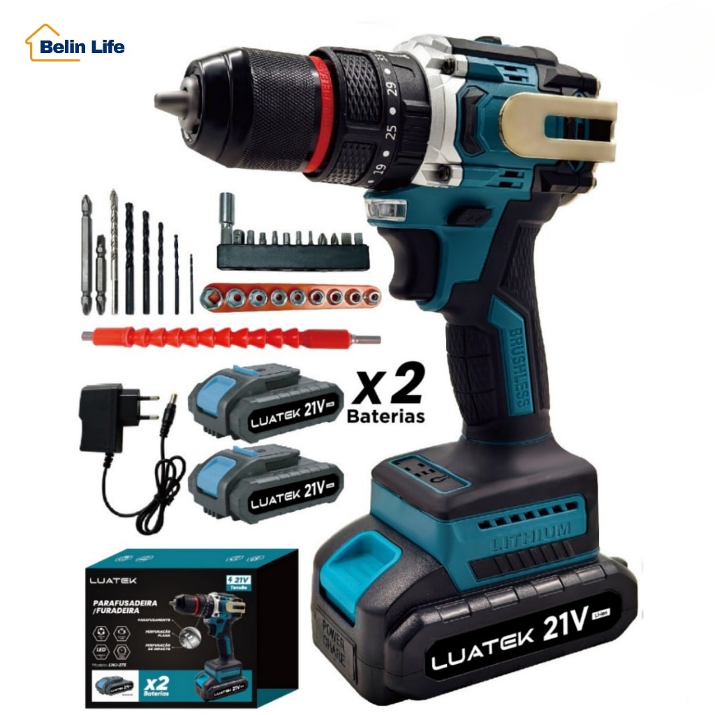 Imagem do Parafusadeira Furadeira Impacto 21v Brushless Mandril 13mm Luatek Lwj275