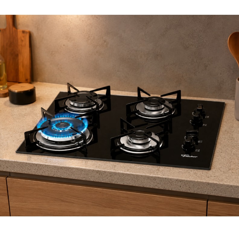 Imagem do Cooktop A Gas Fischer 4 Bocas Tripla Chama Mesa Vidro Bivolt