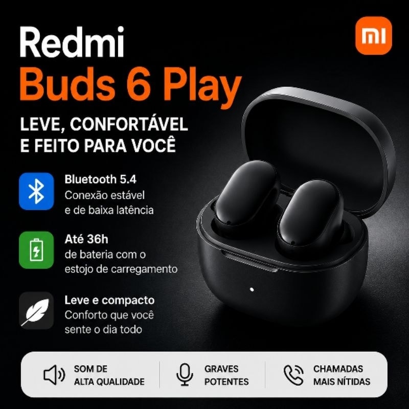 Imagem do Fone De Ouvido Bluetooth Xiaomi Redmi Buds 6 Play Preto Conexao Bluetooth 5 4 Som Estereo Ipx4