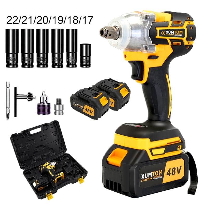 Imagem do Chave De Impacto 48v Eletrica 350nm Parafusadeira Furadeira Brushless 48v 2 Baterias Kit Ferramentas Completo