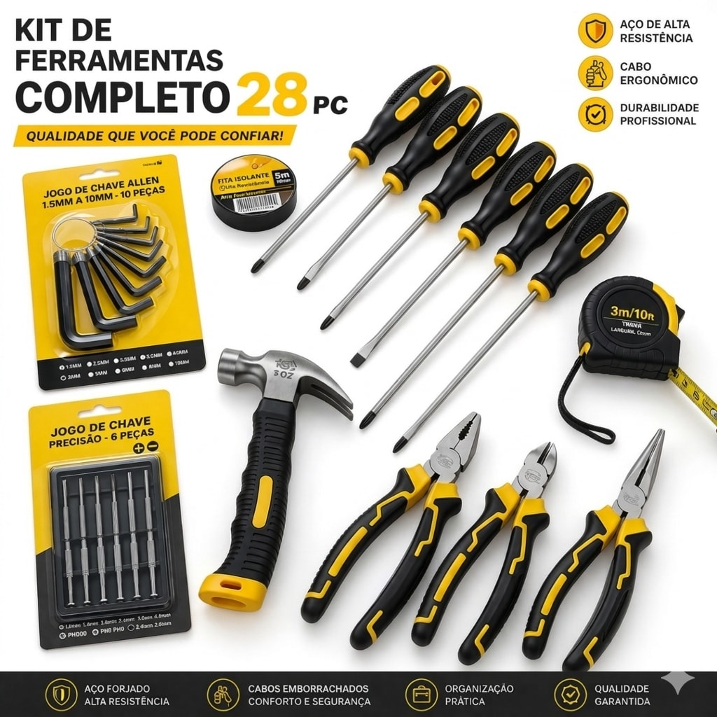 Imagem do Kit Jogo De Ferramentas 28 Pc Alicates Jg Chaves Fenda E Philips Allen Trena Martelo