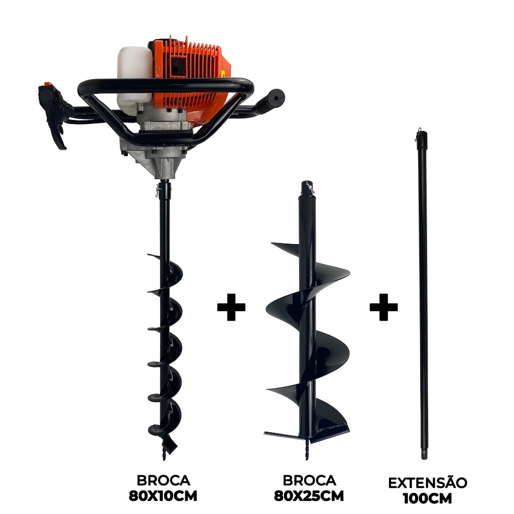 Imagem do Perfurador De Solo A Gasolina 52cc 2 5hp Com Brocas 80x10cm 80x25cm Extensor 1m Carbon Fak
