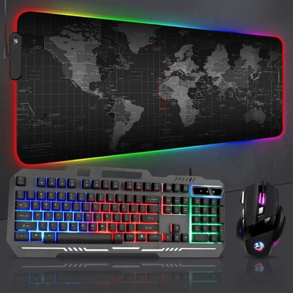 Imagem do Setup Gamer Aportex Teclado Semi Mecanico Mouse 3200 Dpi Mousepad Rgb Mapa Mundi Variacoes