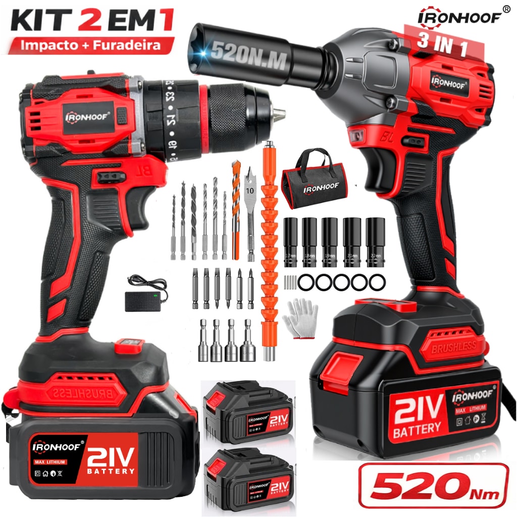 Imagem do Kit 2 Parafusadeira A Bateria E Chave De Impacto Brushless 21v