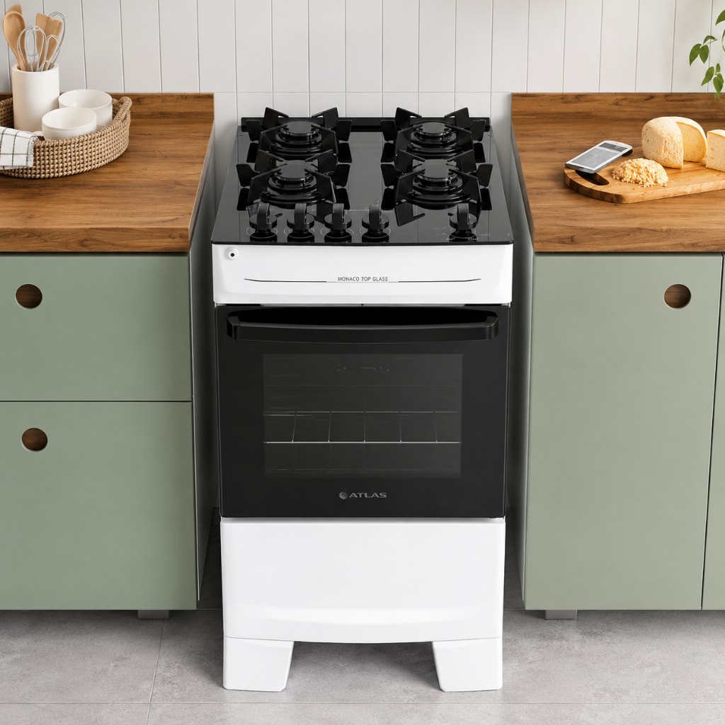 Imagem do Fogao 4 Bocas Atlas Top Glass Branco Mesa De Vidro Monaco Forno Grande