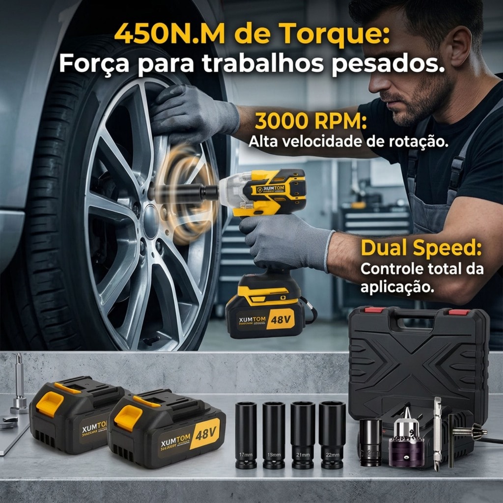 Imagem do Chave Impacto 48v 450nm Brushless Kit C Furadeira E Parafusadeira 2 Bat Maleta Bivolt Prof Automotivo
