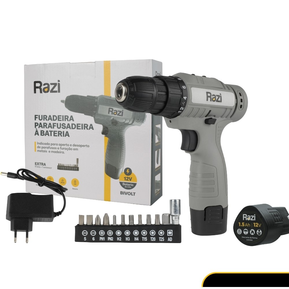 Imagem do Furadeira Parafusadeira Bateria 12v Razi Bivolt Com Acessorios
