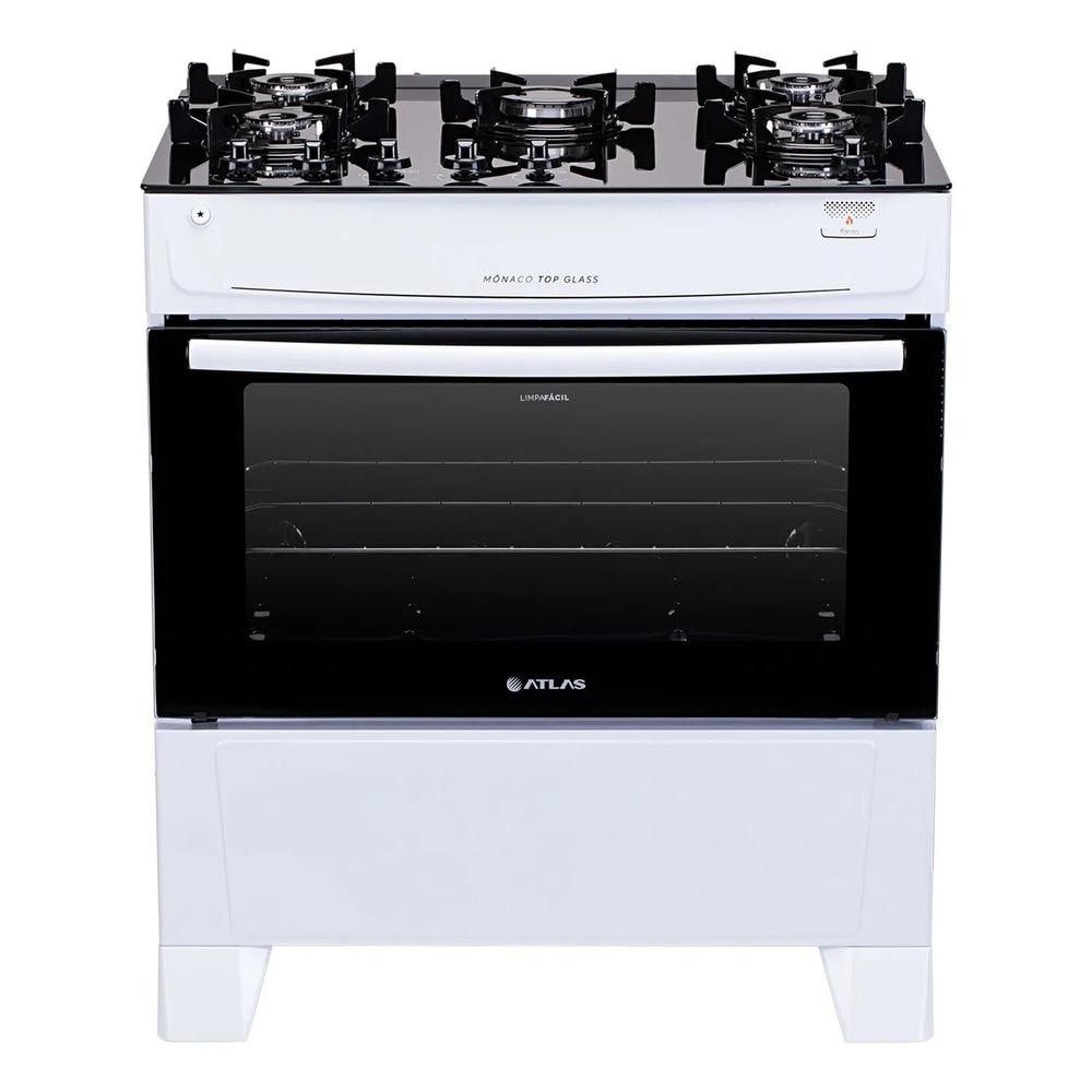 Imagem do Fogao Atlas 5 Bocas Com Mesa De Vidro Monaco Top Glass Branco Bivolt
