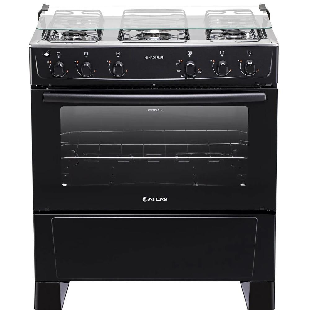 Imagem do Fogao 5 Bocas Atlas Monaco Plus Preto Com Mesa Inox Bivolt