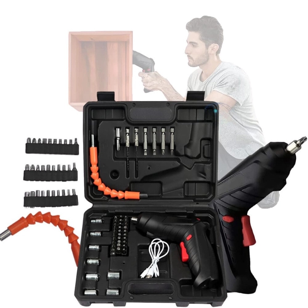 Imagem do Kit Parafusadeira Furadeira 48 Pcs A Bateria Carregador Usb Caixa De Ferramentas