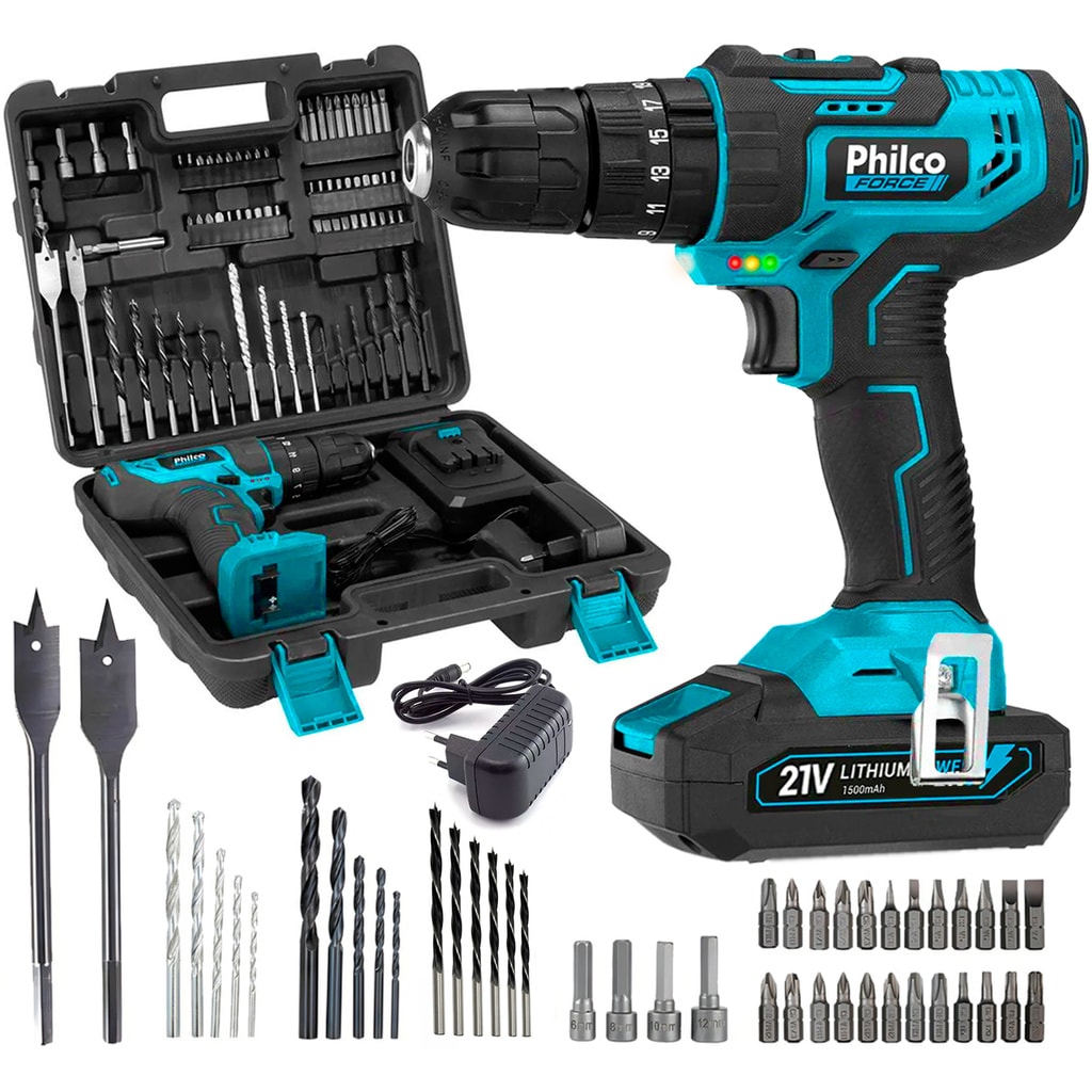 Imagem do Parafusadeira Furadeira Impacto Profissional 21v 3 8 10mm Philco Ppf21mf Com Maleta E 74 Acessorios