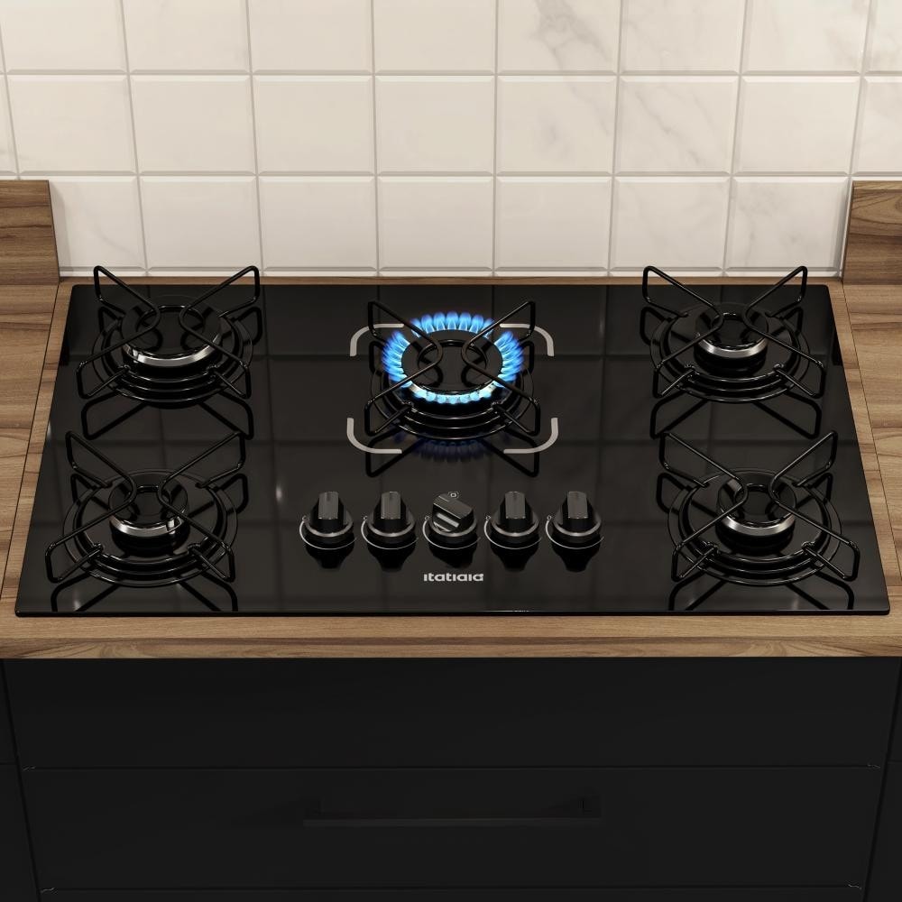Imagem do Fogao Cooktop 5 Bocas Itatiaia A Gas Essencial Vidro Temperado Preto Bivolt