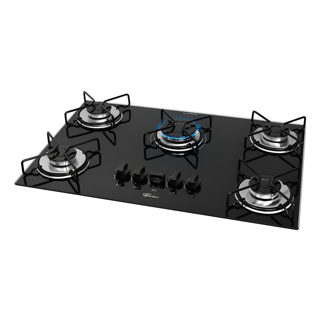 Imagem do Fogao Cooktop Fischer 5q Gas Fit Line Trempe Esmaltada Aramado Mesa Vidro Preto Bivolt