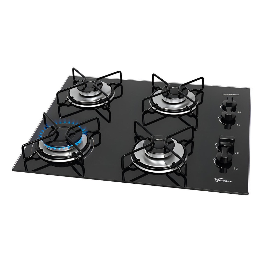 Imagem do Fogao Cooktop Fischer 4q Gas Fit Line Trempe Esmaltada Aramado Mesa Vidro Preto Bivolt