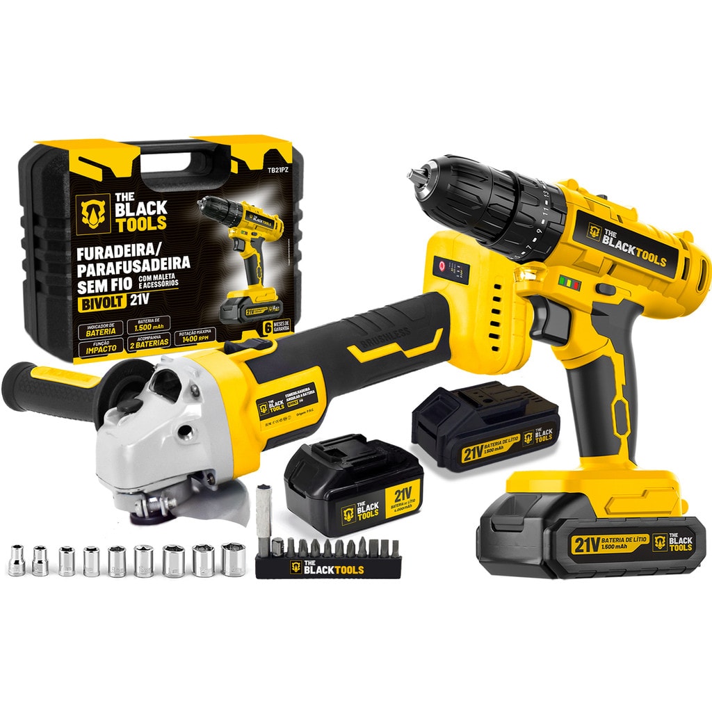 Imagem do Parafusadeira Furadeira Impacto Bateria 21v Esmerilhadeira Lixadeira Angular 21v The Black Tools
