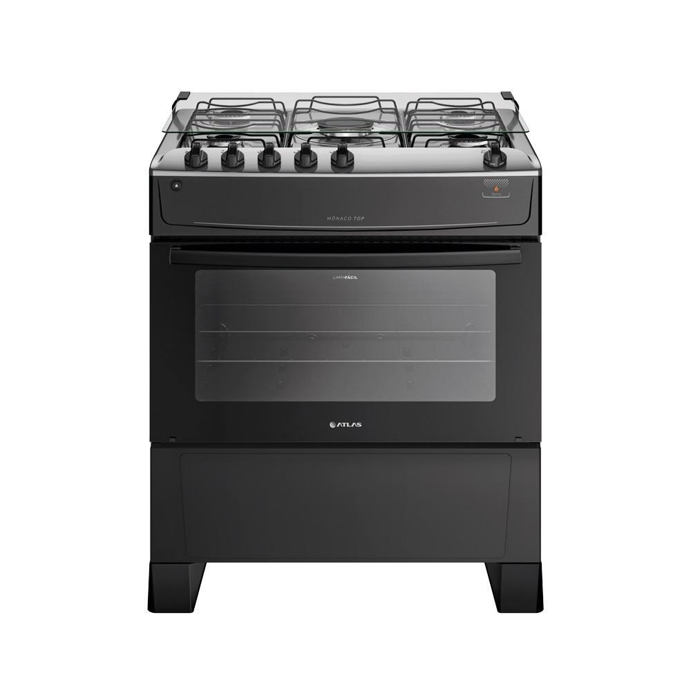Imagem do Fogao Atlas 5 Bocas Com Mesa De Inox Monaco Top Preto Bivolt
