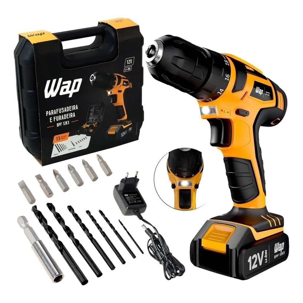 Imagem do Parafusadeira Furadeira Sem Fio 12v Wap Bpf 12k3 Kit Malet