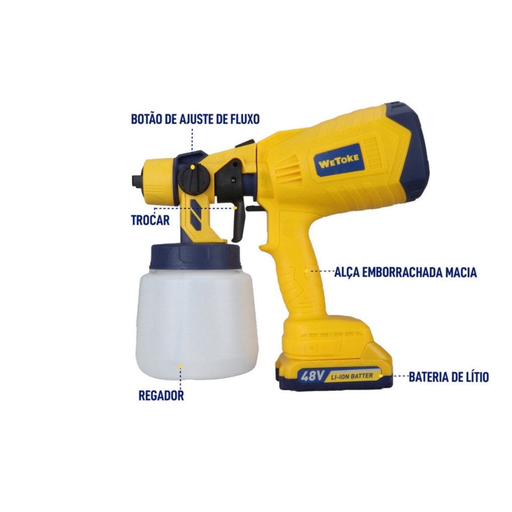 Imagem do Pistola Pintura Pulverizadora 48v 2 Baterias 1000ml Wetoke Baterias Litio Carregador Uso Domestico E Profissional