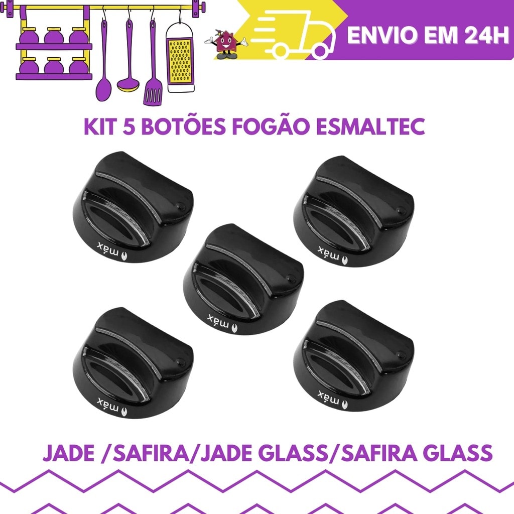 Imagem do Kit 5 Botao Fogao Esmaltec Safira Jade Glass Original Preto