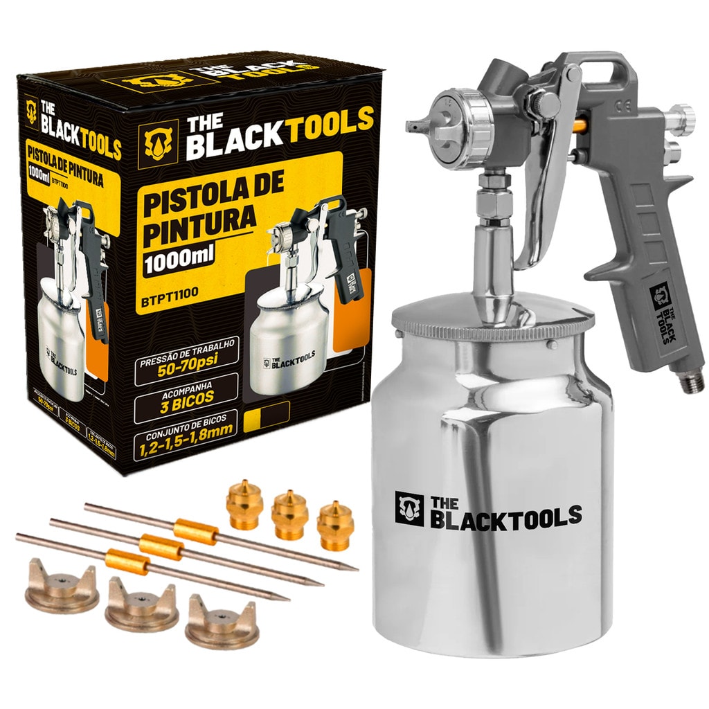 Imagem do Pistola Pintura Succao 1000ml 3 Bicos 1 2 1 5 1 8 Btpt1100 Profissional The Black Tools
