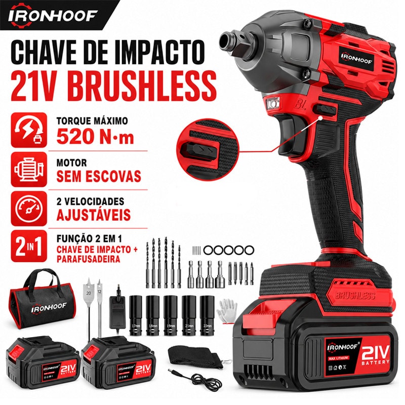 Imagem do Chave De Impacto 21v Brushless Parafusadeira Com 2 Baterias Sem Escova