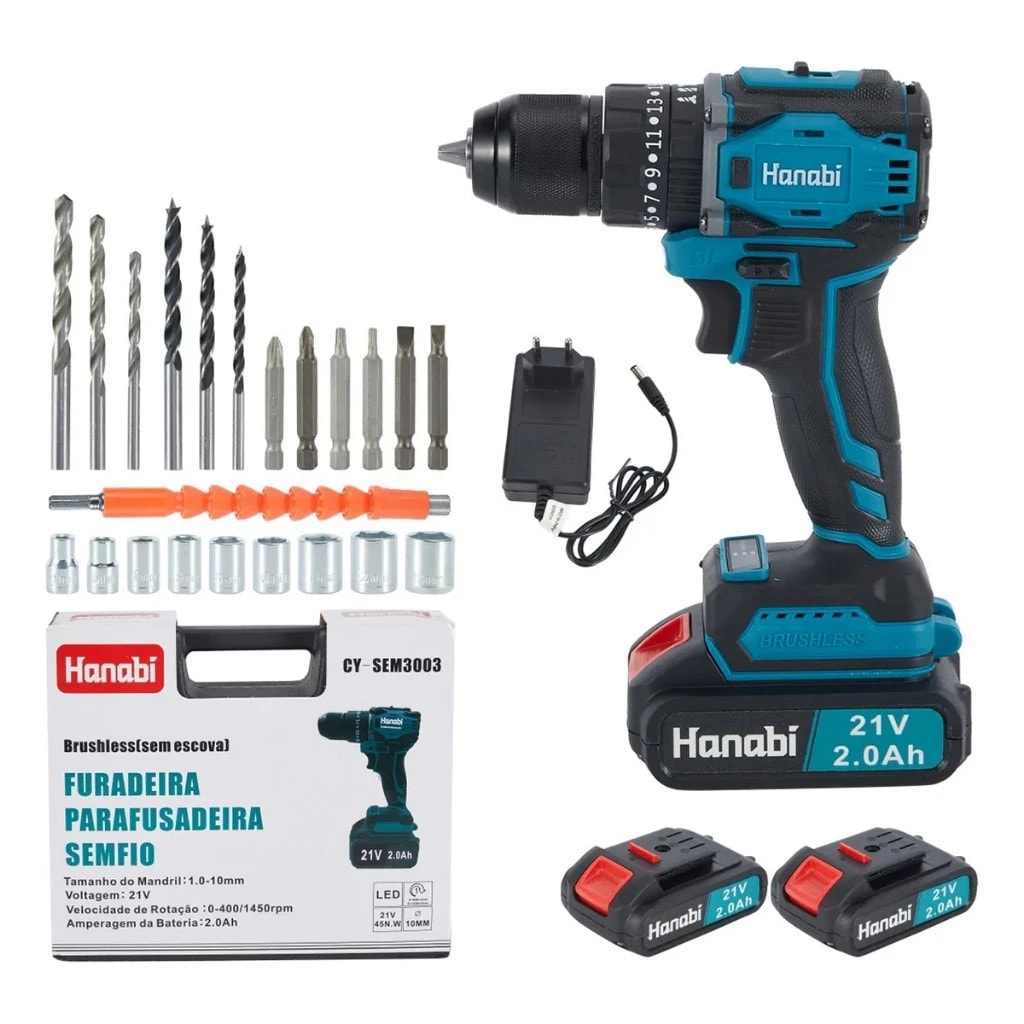 Imagem do Parafusadeira Furadeira Portatil C Impacto 40nm Torque Hanabi Brushless 2 Baterias 21v Profissional