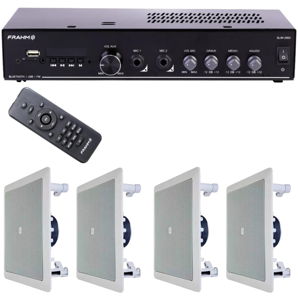 Imagem do Kit Som Ambiente Amplificador Frahm Slim 2000 G6 4 Arandelas Jbl 6fr1q 25w Quadradas