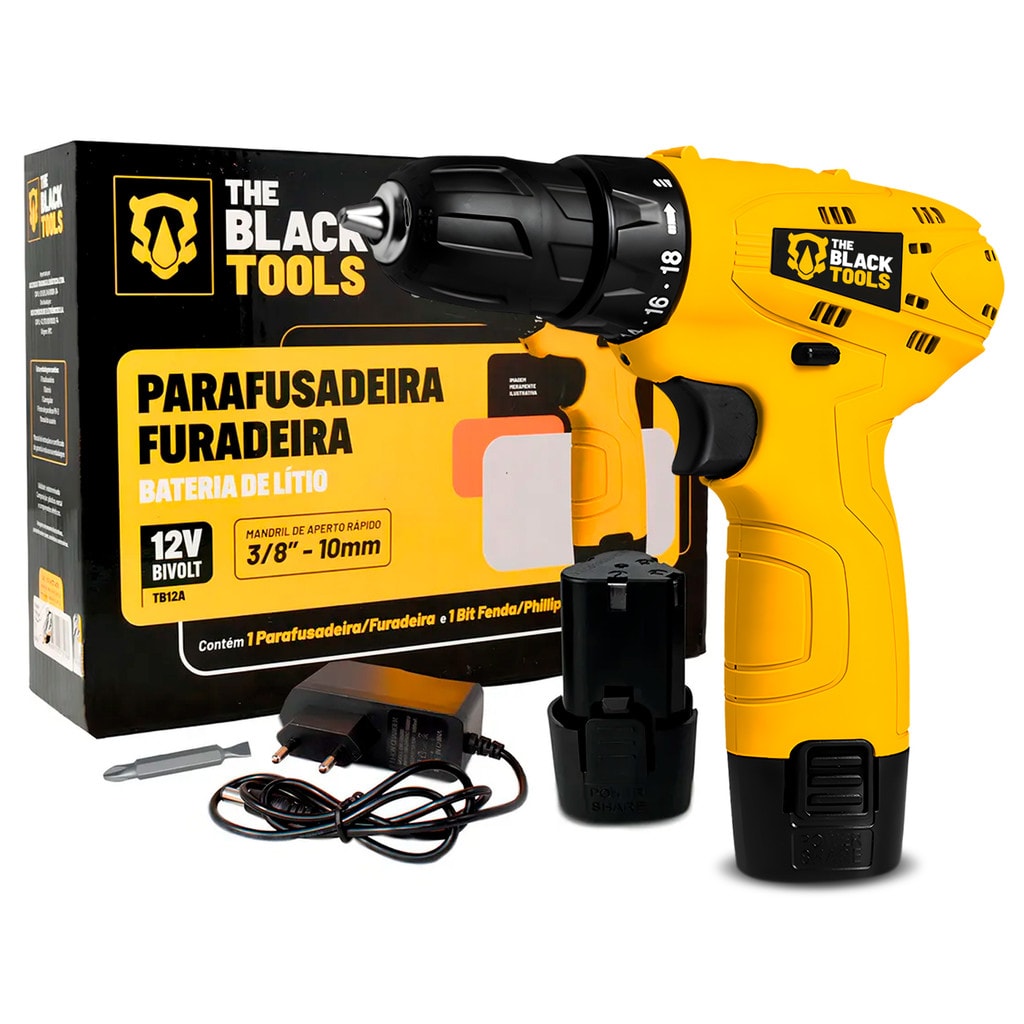 Imagem do Parafusadeira E Furadeira 3 8 12v A Bateria Profissional Bivolt The Black Tools