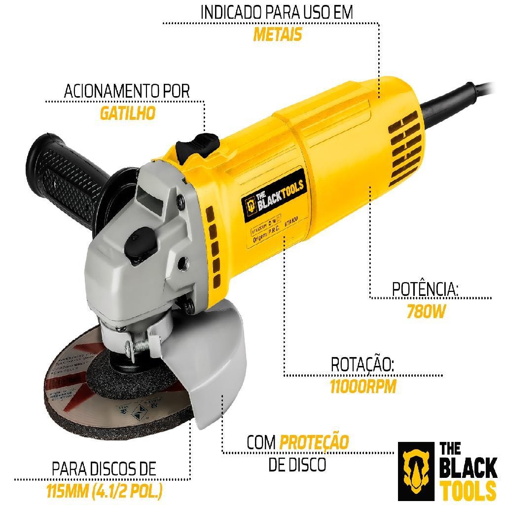 Imagem do Esmerilhadeira Lixadeira Angular 780w 115mm 4 1 2 11000rpm The Black Tools