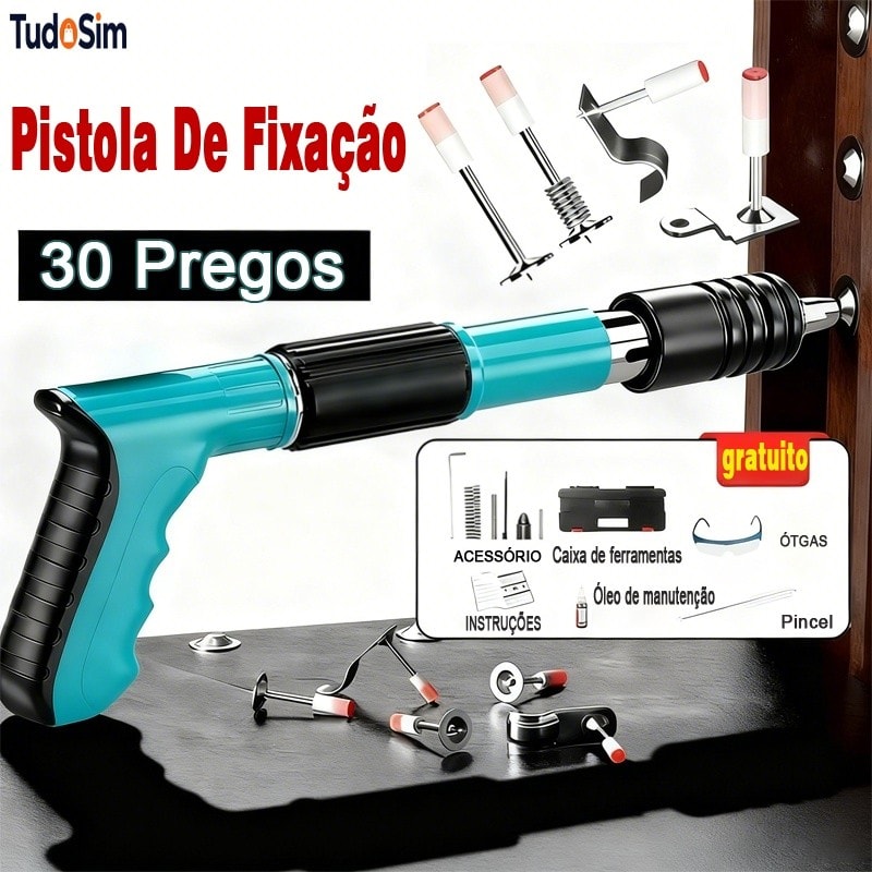 Imagem do Kit Pistola De Fixacao De Acao Direta Finca Pinos 30uni Pregos Gesso Drywall Madeira Janela