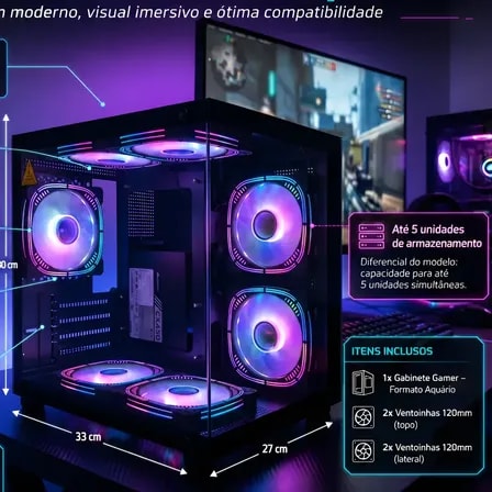 Imagem do Gabinete Gamer Aquario Atx Em Vidro 4 Coolers Argb Incluso Preto