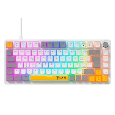 Imagem do Teclado Mecanico Gamer 75 Clanm Azimut Lyra Switch Red Abnt2 Hot Swap Rgb Knob Usb C 84 Teclas Branco Cinza Portugues Brasil