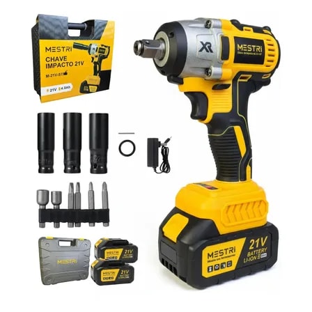Imagem do Chave De Impacto A Bateria Profissional Recarregavel 21v 4ah Brushless Parafusadeira Furadeira Alta Potencia Sem Escova 2 Baterias Mestri M 21vst Amarelo E Preto 127 220v