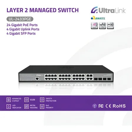 Imagem do Switch Gerenciavel Ultra Link 28 Portas Gigabit Poe Ul 2433pge Montado Em Rack