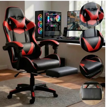 Imagem do Cadeira Gamer Ergonomica Reclinavel Profissional K Nakasaki Giratoria Com Apoio Dos Pes Suporta Ate 158kg Cor Vermelha Vermelho Couro Sintetico