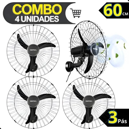 Imagem do Kit 4 Ventilador De Parede Potente Ventisol 60cm Industrial 60 Cm 147 Preto Preto Plastico 3 220v