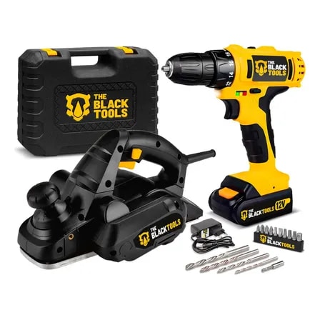 Imagem do Kit Plaina Eletrica Profissional 780w 16500 Rpm Parafusadeira A Bateria 12v 3 8 Bivolt 1350 Rpm The Black Tools Preto 127v