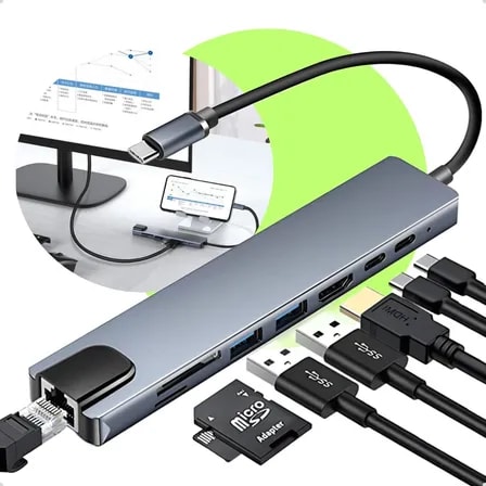 Imagem do Hub Adaptador 8x1 Usb Hdmi Type C Rj45 Sd Notebook Mac 4k Thunderbolt Kateluo
