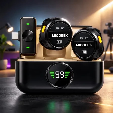 Imagem do Microfone Lapela Redondo Sem Fio Tipo C Duplo Anti Ruido P Android E Iphone 15 16 17 Com Caixinha Para Carregamento Cor Preto Micgeek