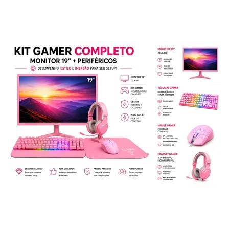 Imagem do Kit Monitor Led Hd Perifericos Gamer Rosa Rosa 127 220v