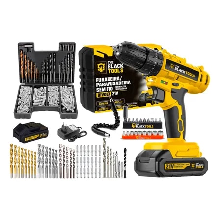 Imagem do Kit Furadeira Parafusadeira 21v Com Bateria Extra E 310 Pcs Amarelo E Preto 127 220v 60hz