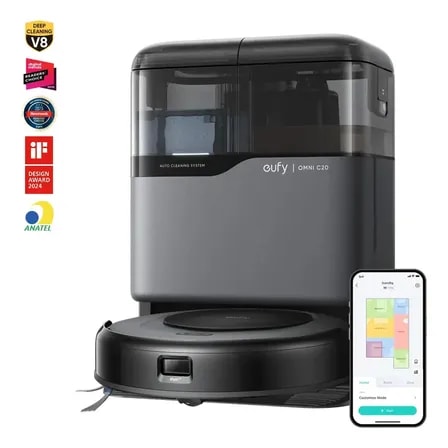 Imagem do Robo Aspirador Eufy Omni C20 3 Em 1 Estacao Tudo Em Um Succao 7000pa Corpo Ultrafino 8 5cm Esvaziamento Limpeza E Preto