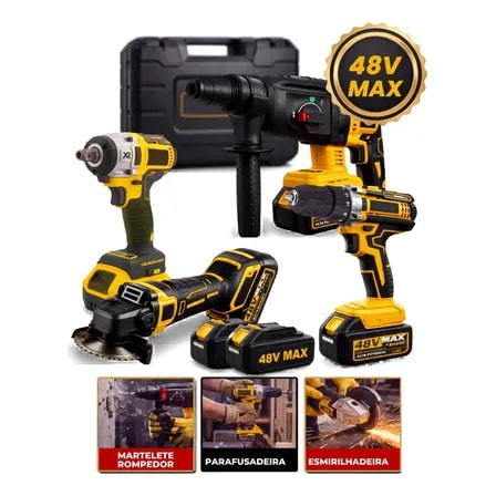 Imagem do Kit Multi Ferramentas 4 Em 1 48v Sem Fio Com 2 Baterias Furadeira Parafusadeira Martelete Esmerilhadeira Chave De Impacto Com Maleta Alta Potencia Uso Profissional Domestico Multiferramentas Hardline