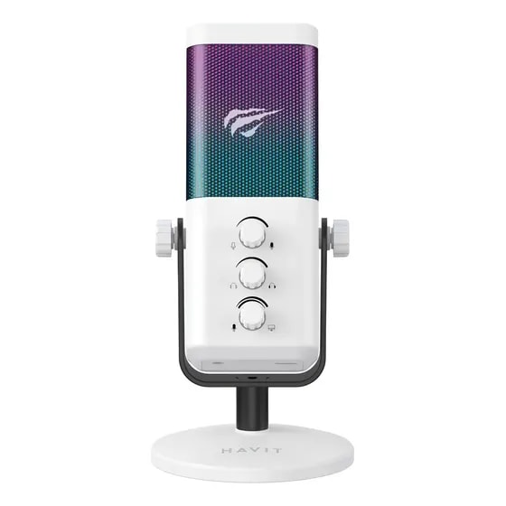 Imagem do Microfone Gamer Havit Gk65 Condensador Rgb Usb Branco Para Streaming E Gravacao