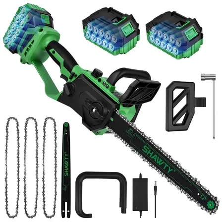 Imagem do Shawty 12 Motosserra Sem Fio 20v Moto Serra Leve Com Motor Potente Para Poda De Arvores E Corte De Madeira Tensao Da Corrente Sem Ferramentas E Trava De Seguranca Com 2 Baterias Verde 127 220v 60hz