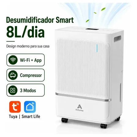 Imagem do Desumidificador Compressor Airluma 8l Dia Antimofo Com Wi Fi E Drenagem Continua Silencioso Ate 120 M Timer 24h Filtro Lavavel Para Quarto E Banheiro Rodinhas 360 Branco
