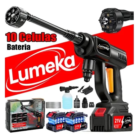 Imagem do Lavadora De Alta Pressao Portatil Lumeka Xcq 010 Bateria De 10 Celulas 21v Bateria 2x4000mah Lavadora De Carro Lava Jato A Bateria Lavadora De Carro 6em1 Limpeza Do Climatizador Preto 127 220v