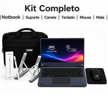 Imagem do Notebook 2 Em 1 Android 14 12gb 256gb Tela 360 10 Touch Wifi Chip Bolsa Mouse Caneta Teclado Estilo Notbook Tablet Preto
