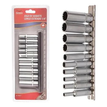 Imagem do Jogo Soquete Longo 10pcs Corneta Aco Cromo Vanadio 13mm Estriado 1 4